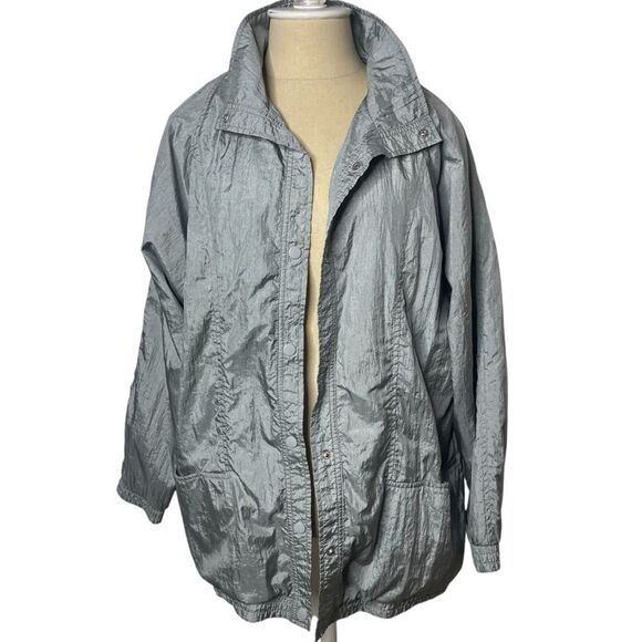 Vintage 80s Lightweight Jacket Shimmer Silver Tudor Court Mid Length Size Medium - Picture 1 of 11